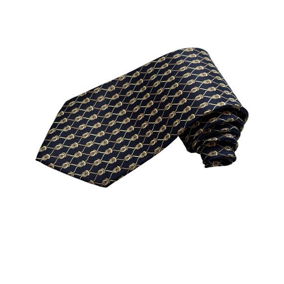Rene Chagal Men's Handmade Necktie Tie Myung Ju Silk Navy Blue Tan 52x4 inch - Picture 3 of 7